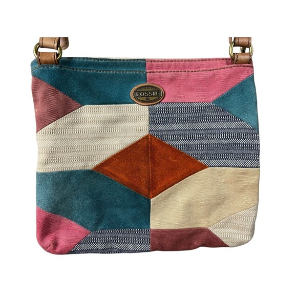 Vintage Fossil Canvas & Leather Patchwork Crossbody Handbag   BTS Hippie Boho - Picture 3 of 13